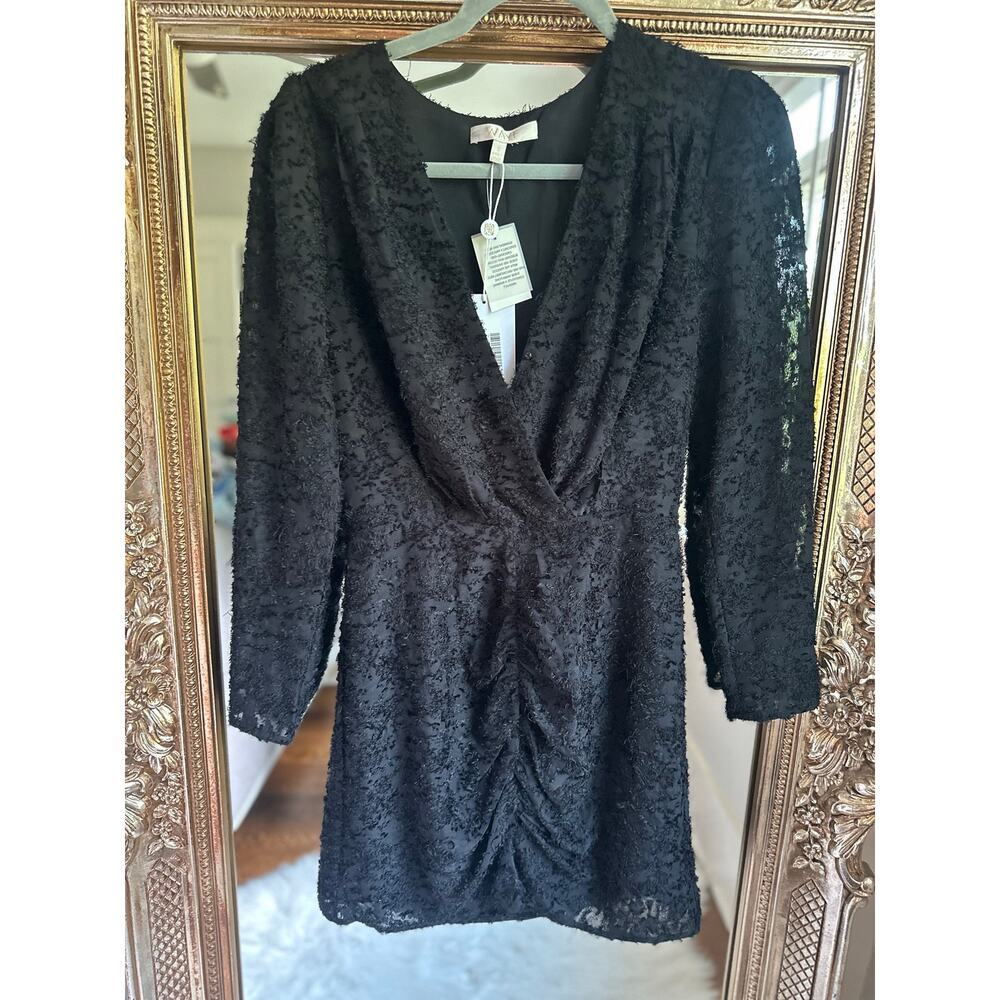 WAYF Rae Ruched Mini Dress Black Eyelash Lace Small NEW NWT - Picture 2 of 6